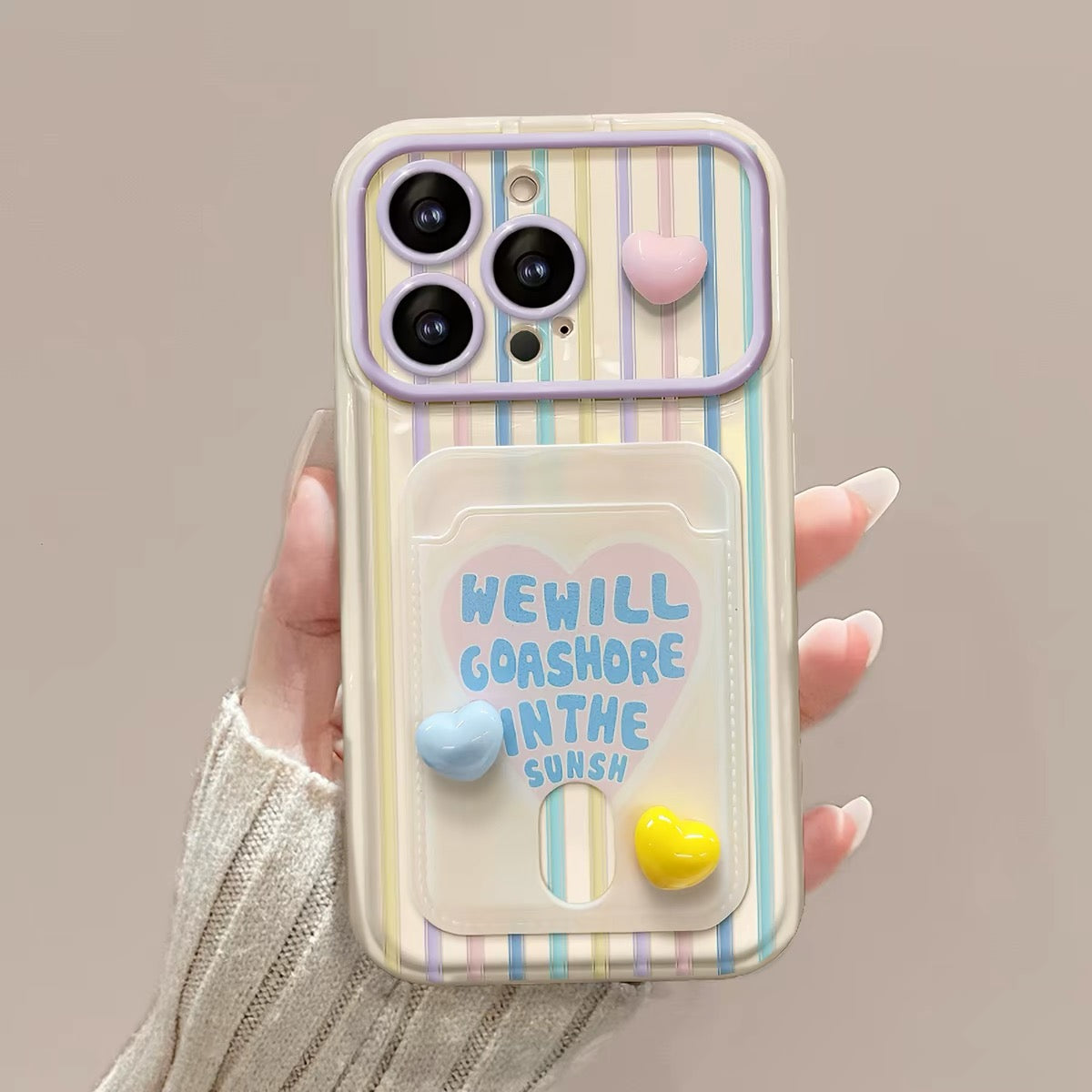 Flip-mirror phone case with vertical-stripe heart charm and lanyard card holder