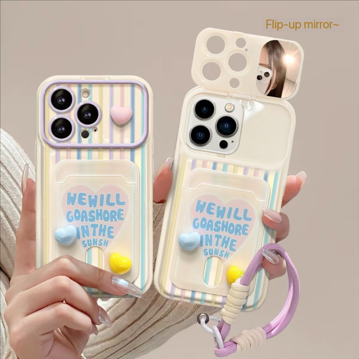 Flip-mirror phone case with vertical-stripe heart charm and lanyard card holder