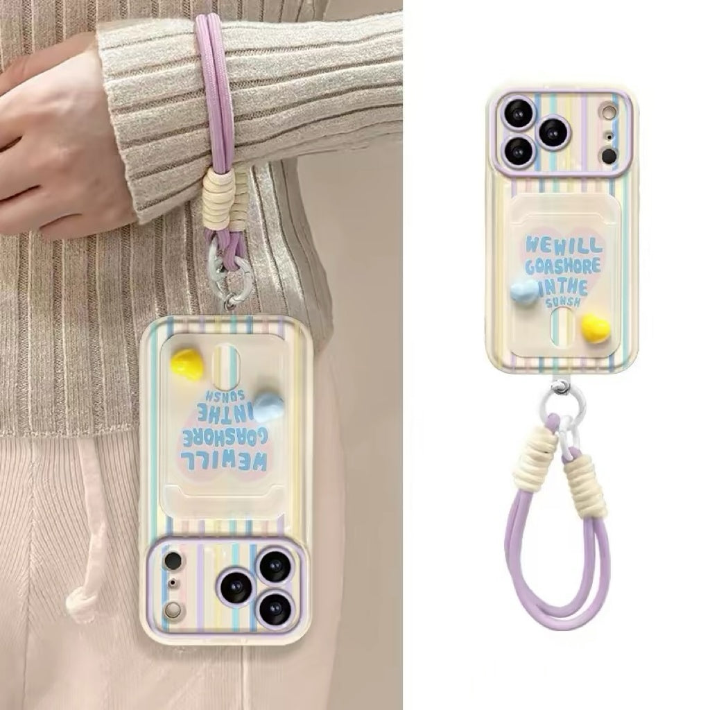 Flip-mirror phone case with vertical-stripe heart charm and lanyard card holder