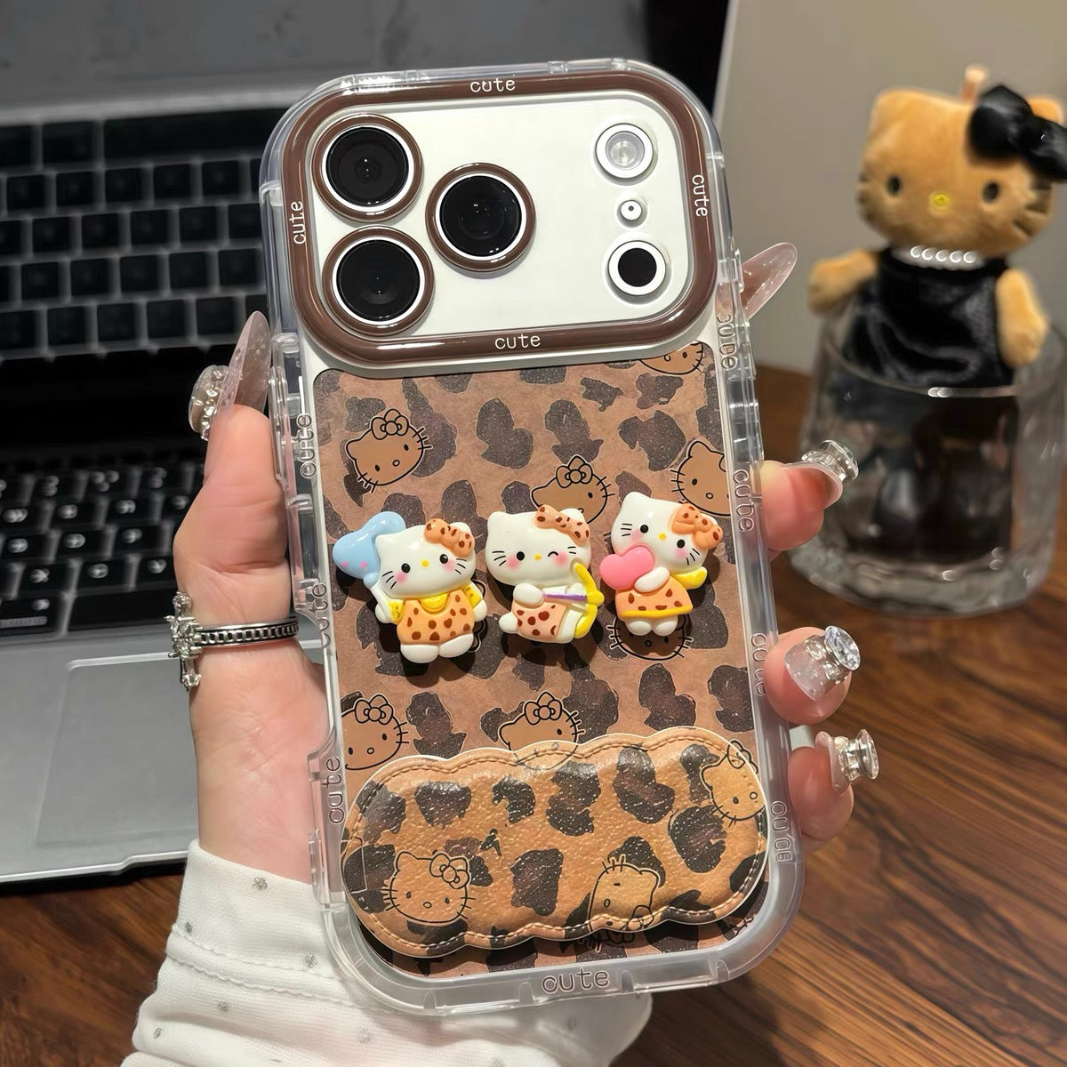 Maillard-style leopard print Hello Kitty mirror-stand phone case