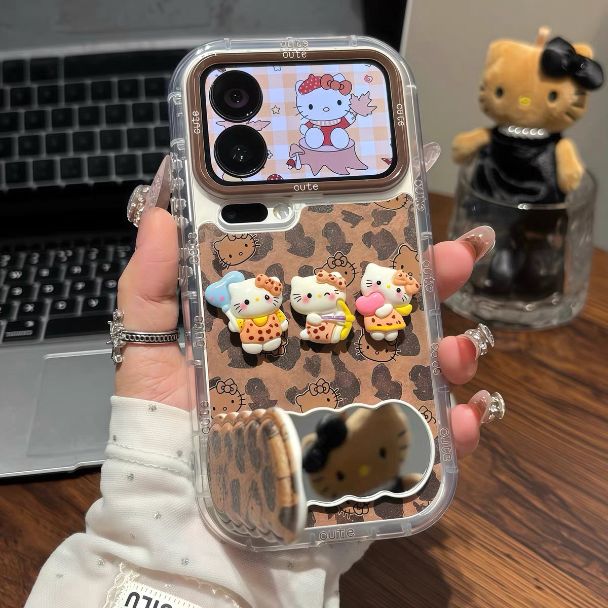 Maillard-style leopard print Hello Kitty mirror-stand phone case