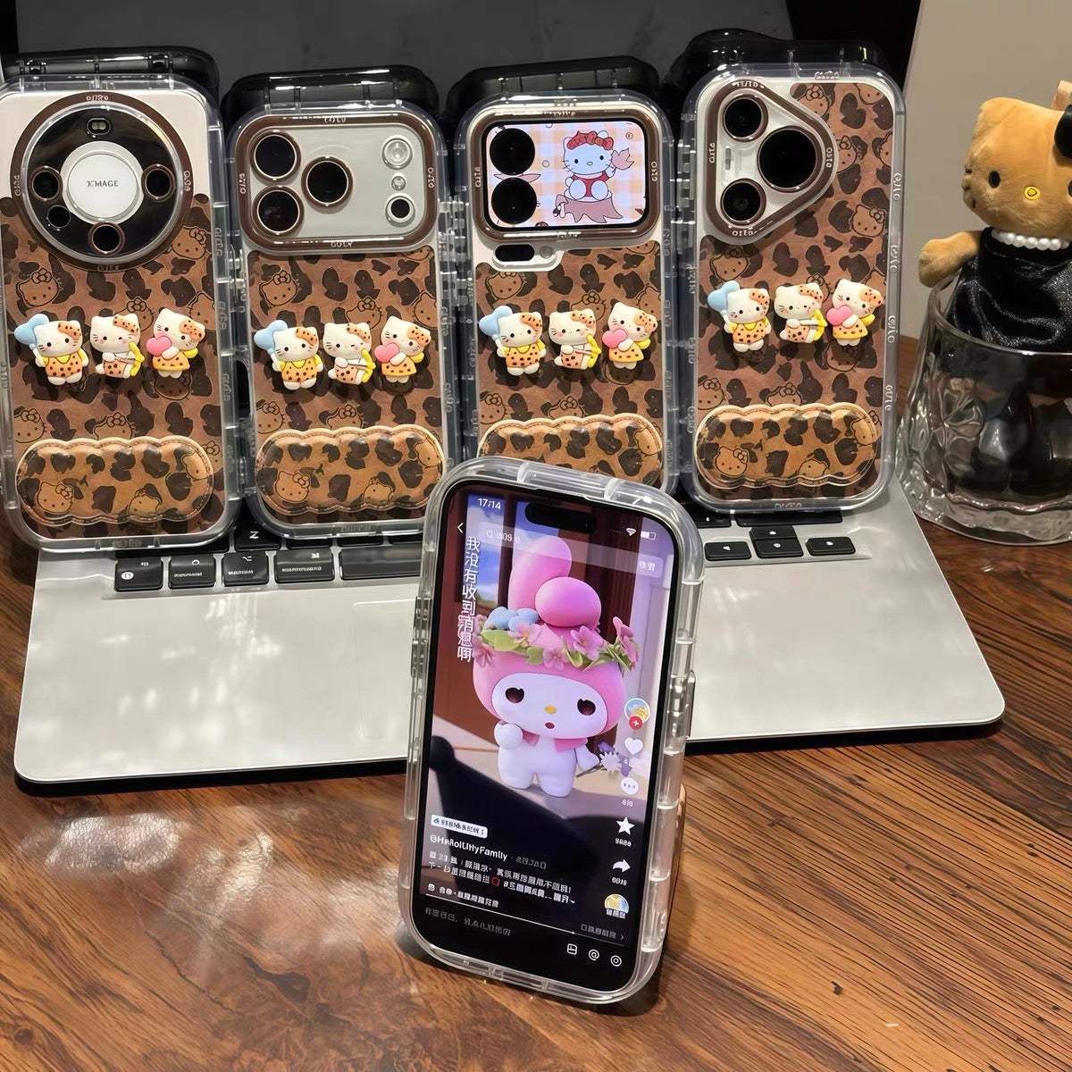 Leopard-print Hello Kitty mirror-stand phone case (Maillard style) for Android