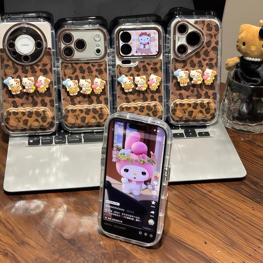 Leopard-print Hello Kitty mirror-stand phone case (Maillard style) for Android