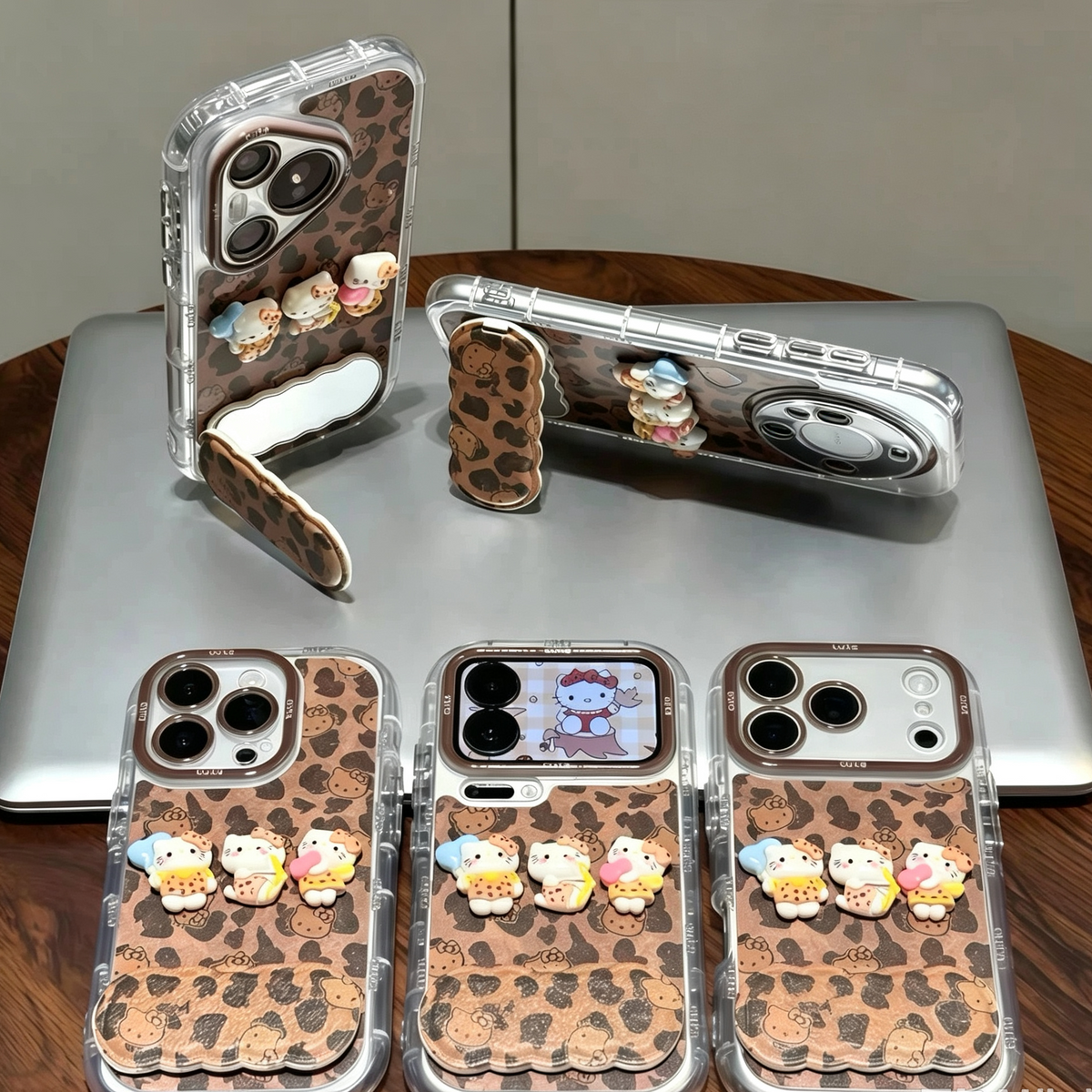Maillard-style leopard print Hello Kitty mirror-stand phone case