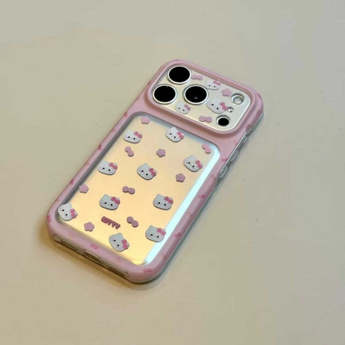Sweet, girly-style phone case featuring pink flowers, a bow, and a cat head.