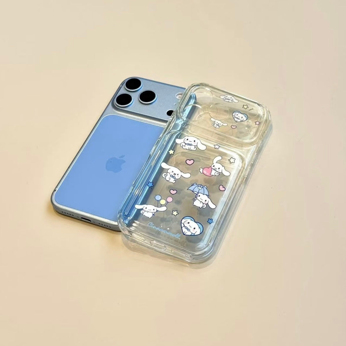 Cinnamoroll phone case featuring a gradient transparent balloon and an umbrella design.