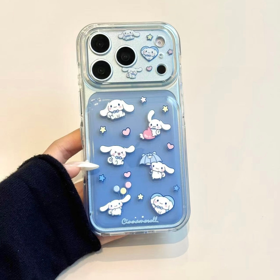 Cinnamoroll phone case featuring a gradient transparent balloon and an umbrella design.