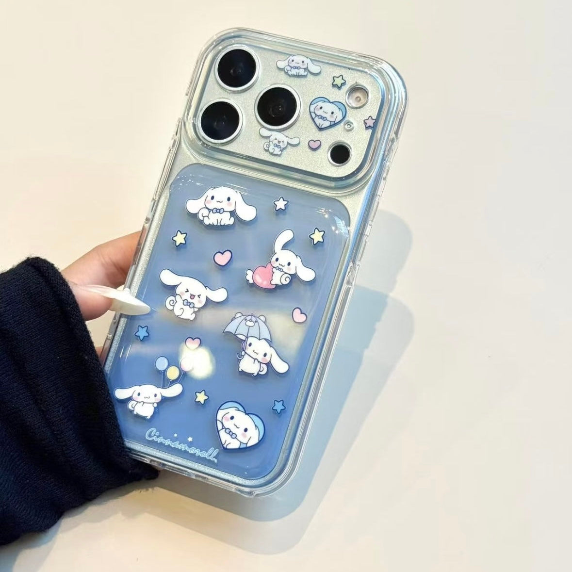 Cinnamoroll phone case featuring a gradient transparent balloon and an umbrella design.