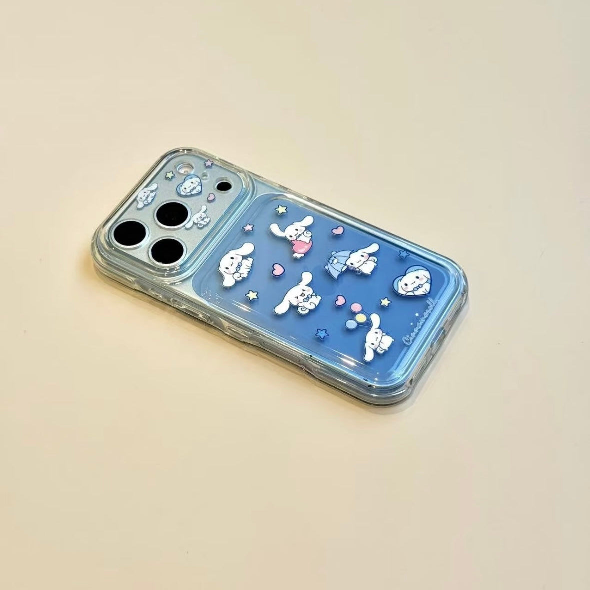 Cinnamoroll phone case featuring a gradient transparent balloon and an umbrella design.