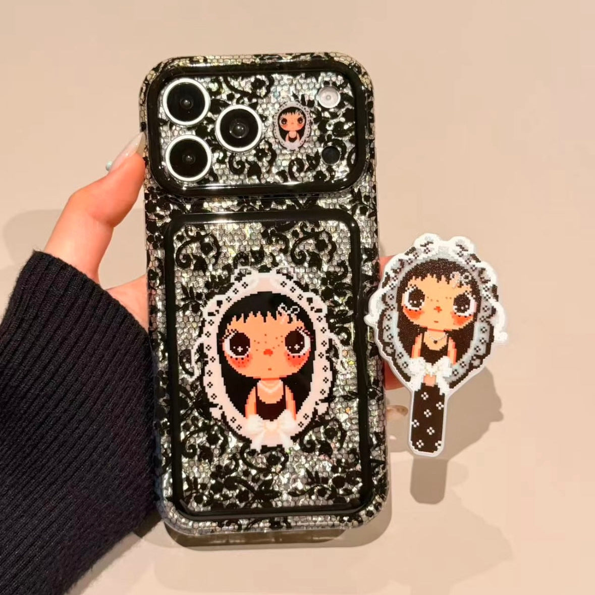 Cute black lace mirror phone case with a small jade-style accent.