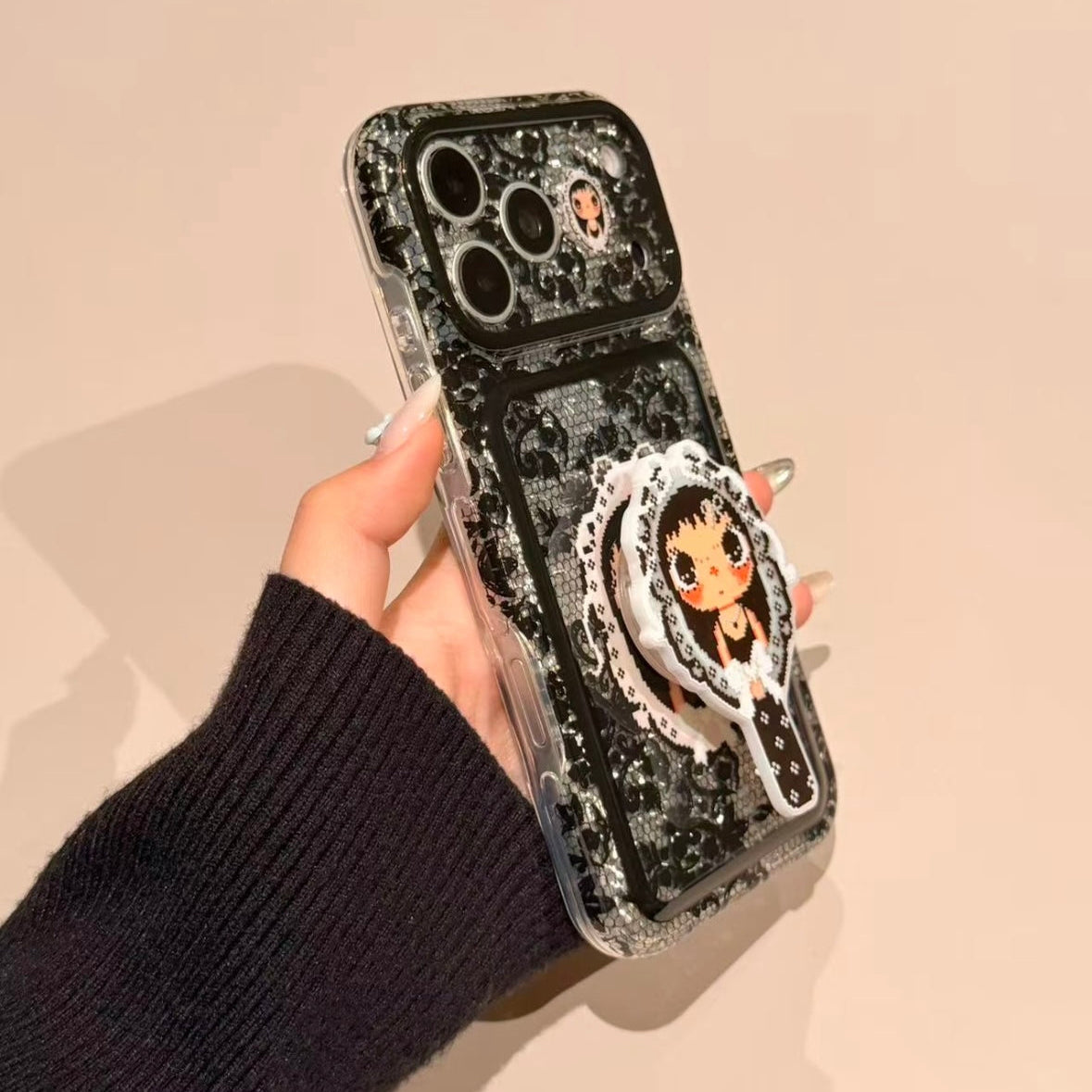 Cute black lace mirror phone case with a small jade-style accent.