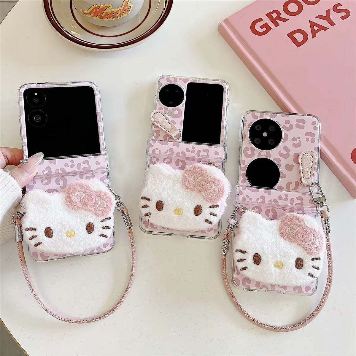 Cute pink leopard-print plush foldable phone case for Android