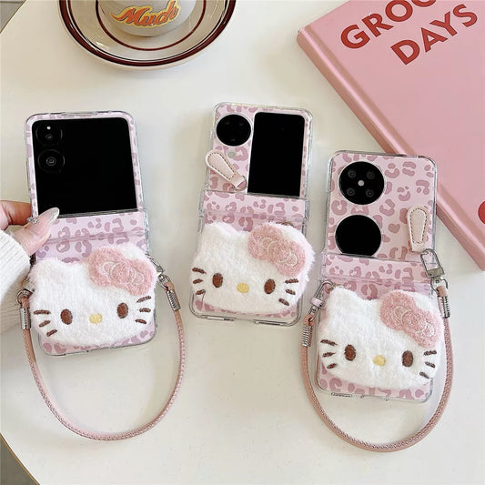 Cute pink leopard-print plush foldable phone case for Android