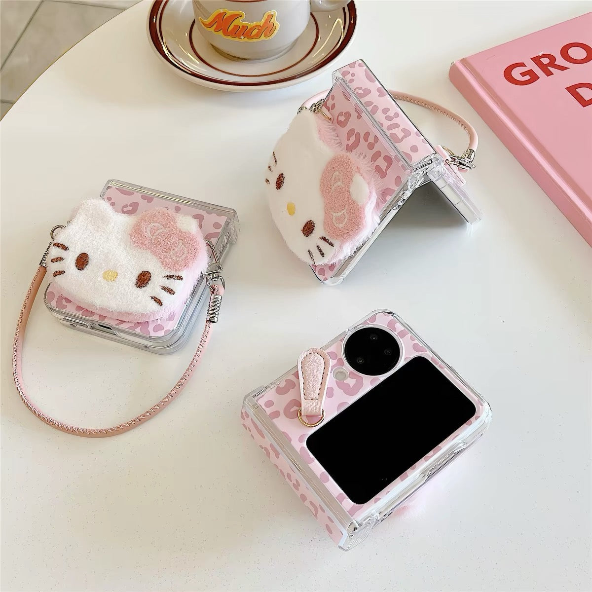 Cute pink leopard-print plush foldable phone case for Android