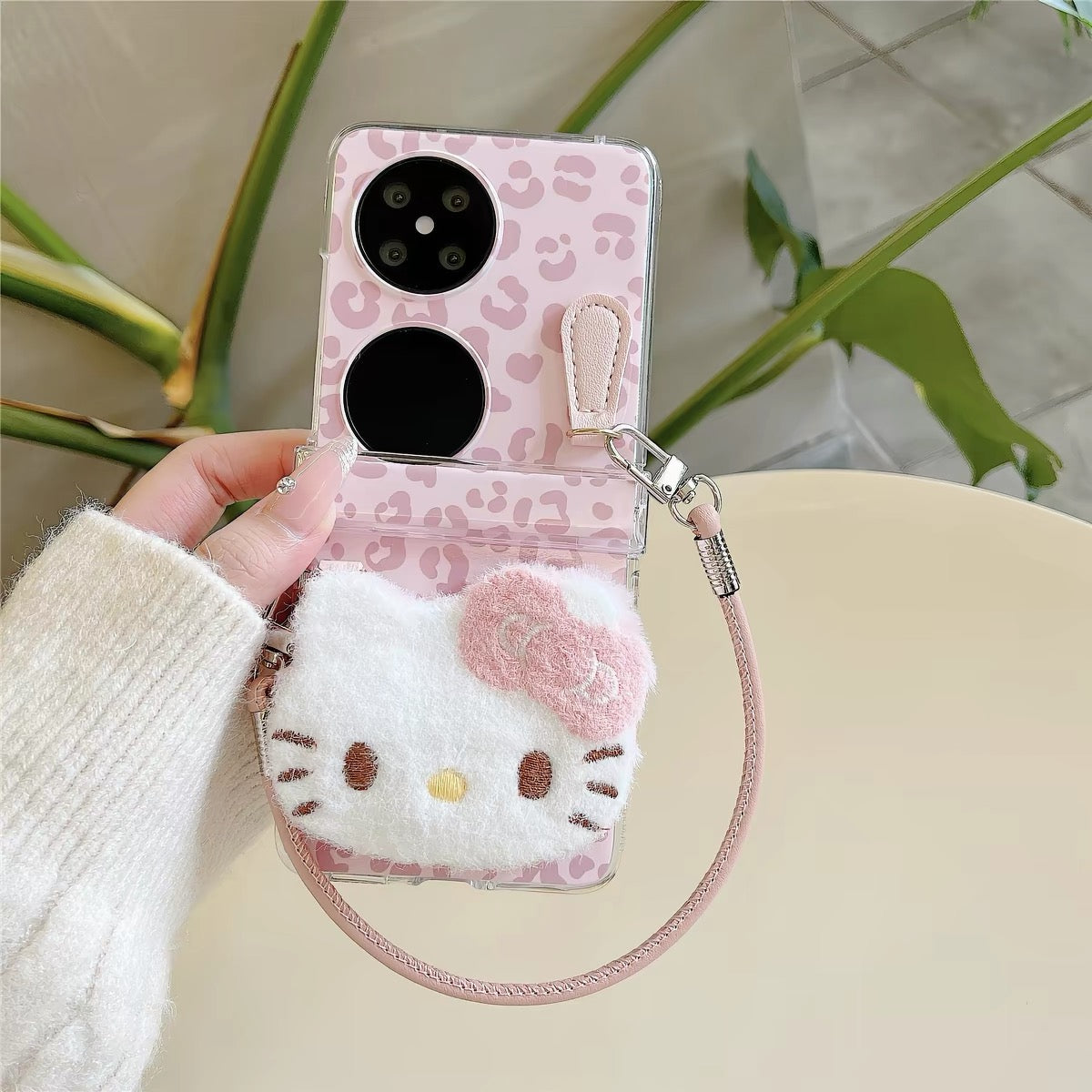 Cute pink leopard-print plush foldable phone case for Android