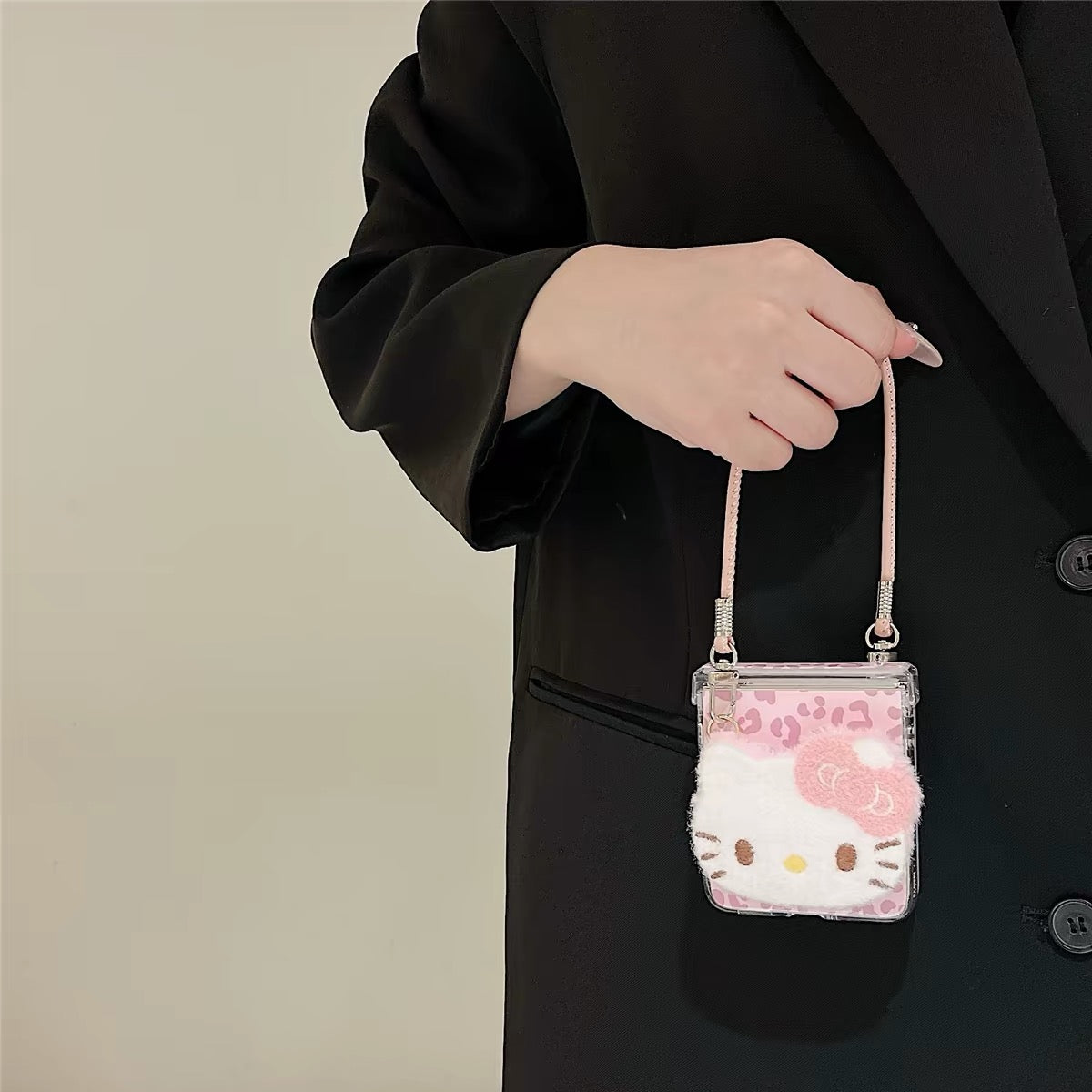 Cute pink leopard-print plush foldable phone case for Android