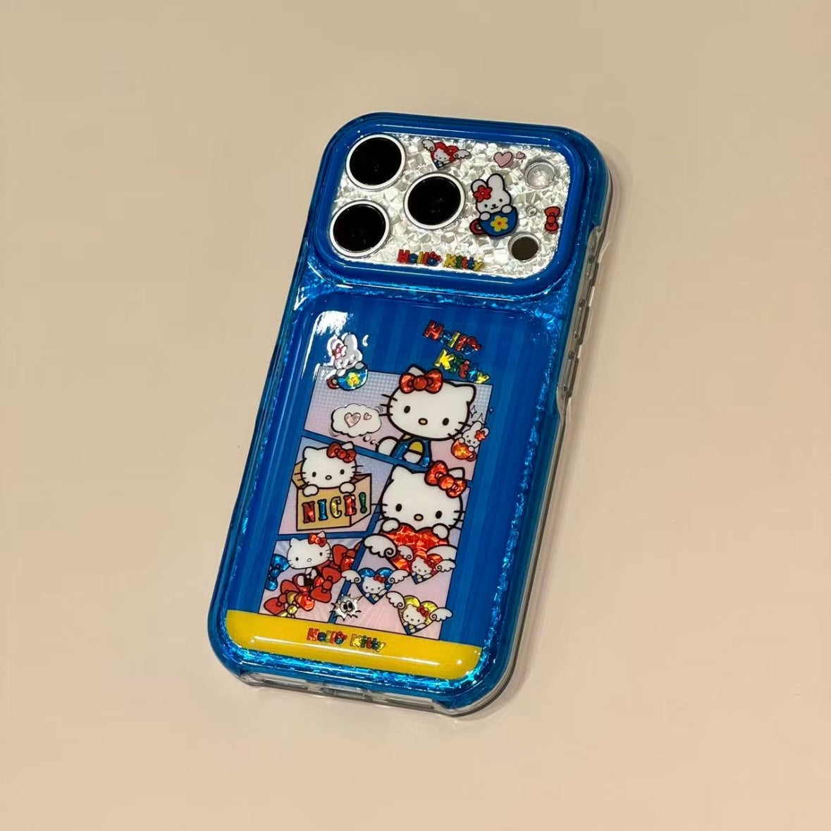 Cartoon Hello Kitty phone case featuring a bow, wings, and a red heart.