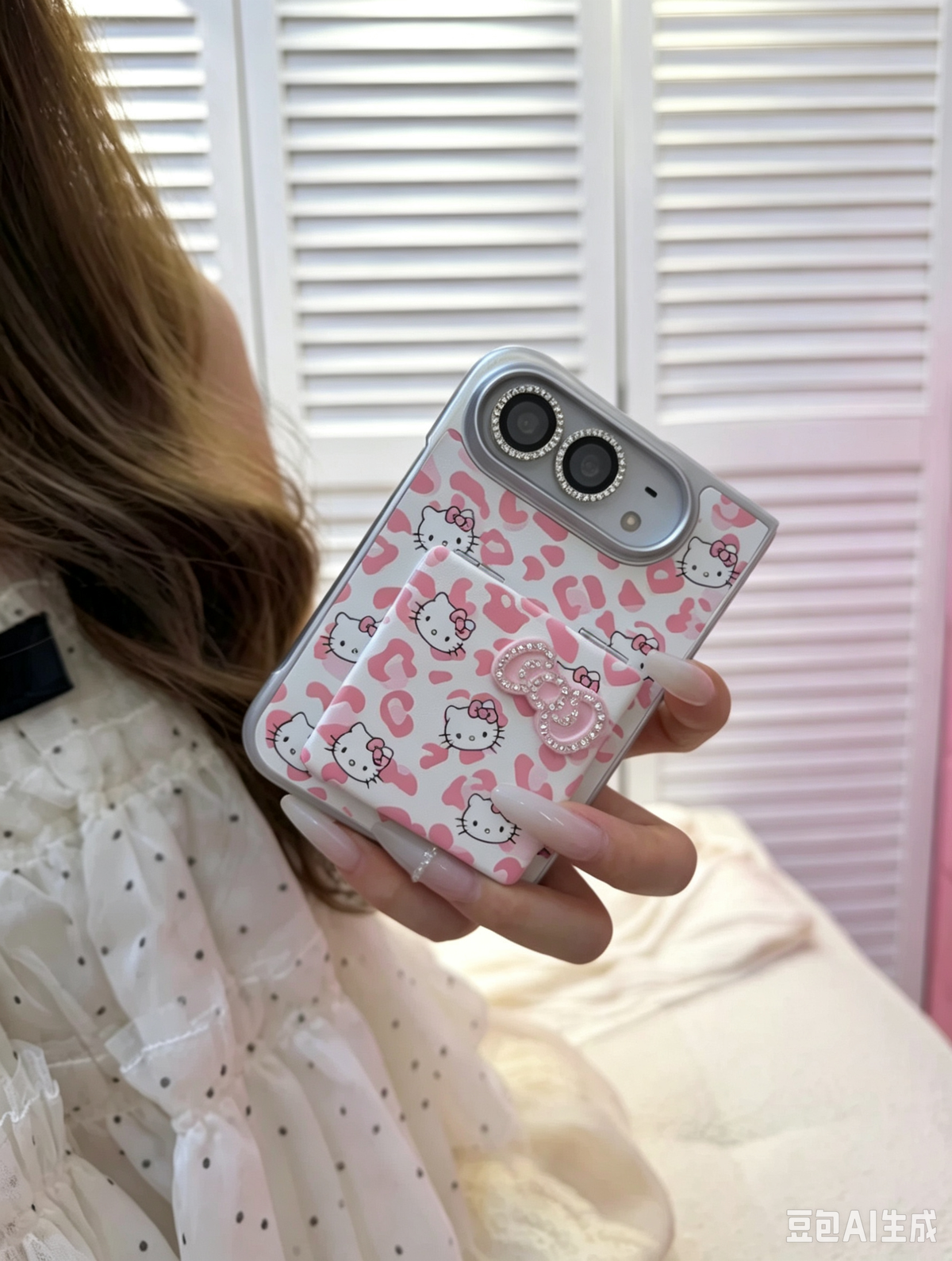 Premium-style foldable phone case featuring a leopard print, rhinestone accents, and a cat-shaped mirror.