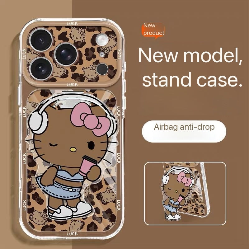 Leopard-print transparent starry-pattern phone case with cat-shaped stand.