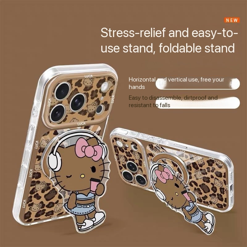 Leopard-print transparent starry-pattern phone case with cat-shaped stand.