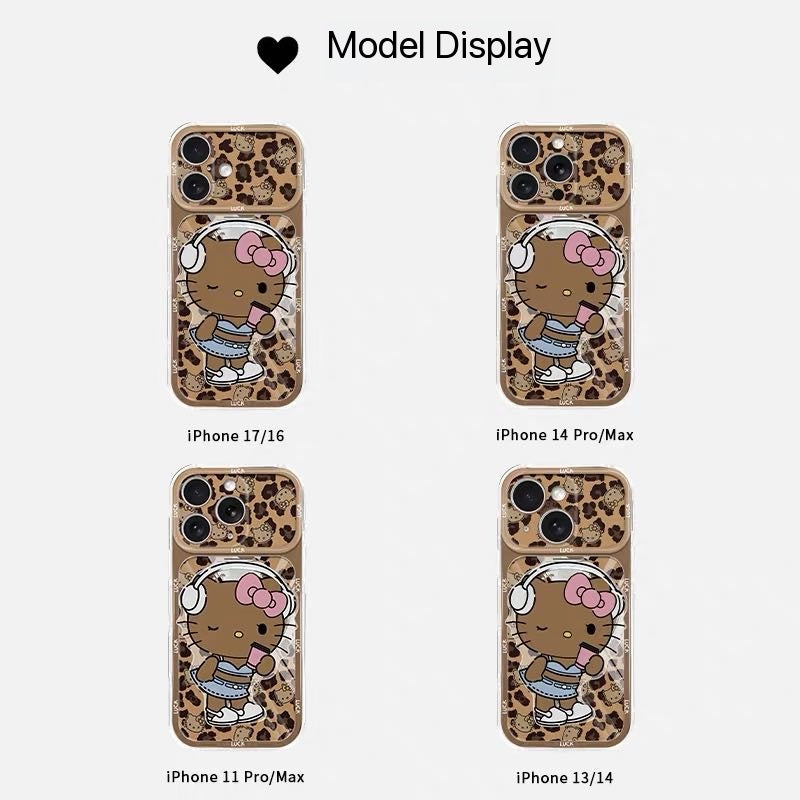 Leopard-print transparent starry-pattern phone case with cat-shaped stand.