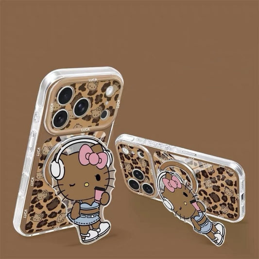 Leopard-print transparent starry-pattern phone case with cat-shaped stand.