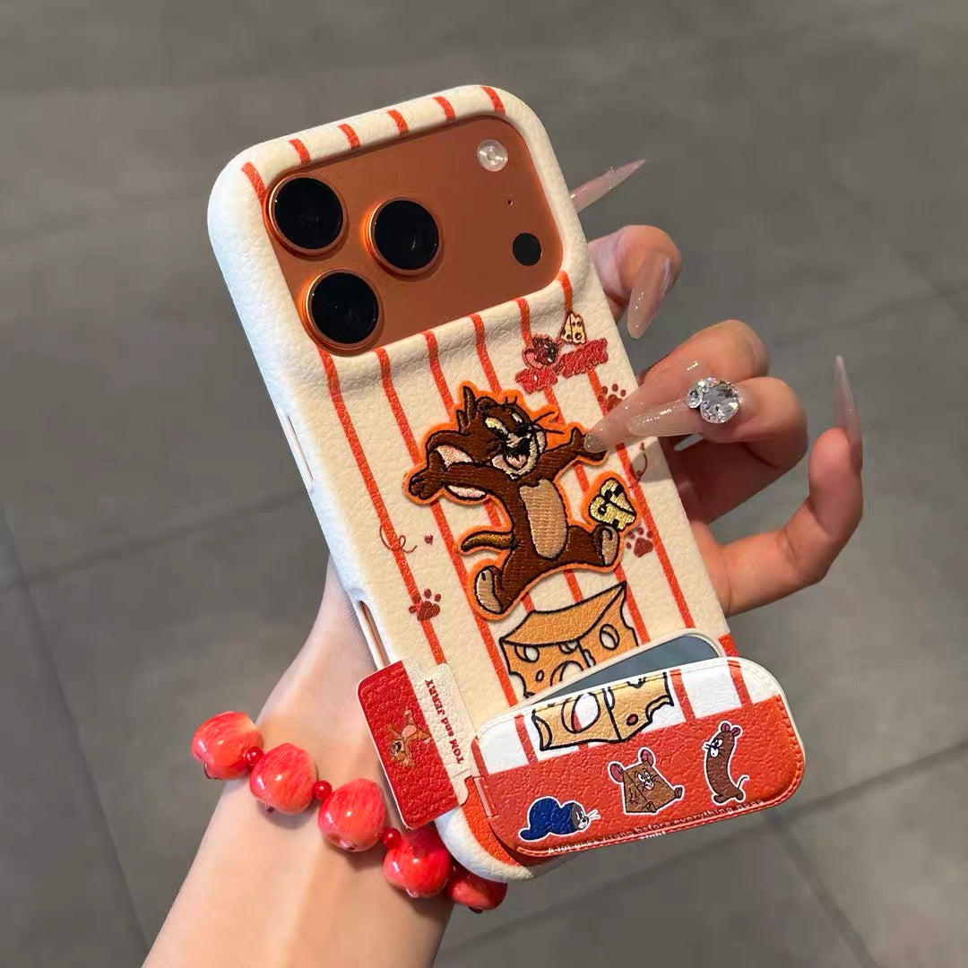 Embroidered Cat and Mouse Phone Case with Mirror Stand