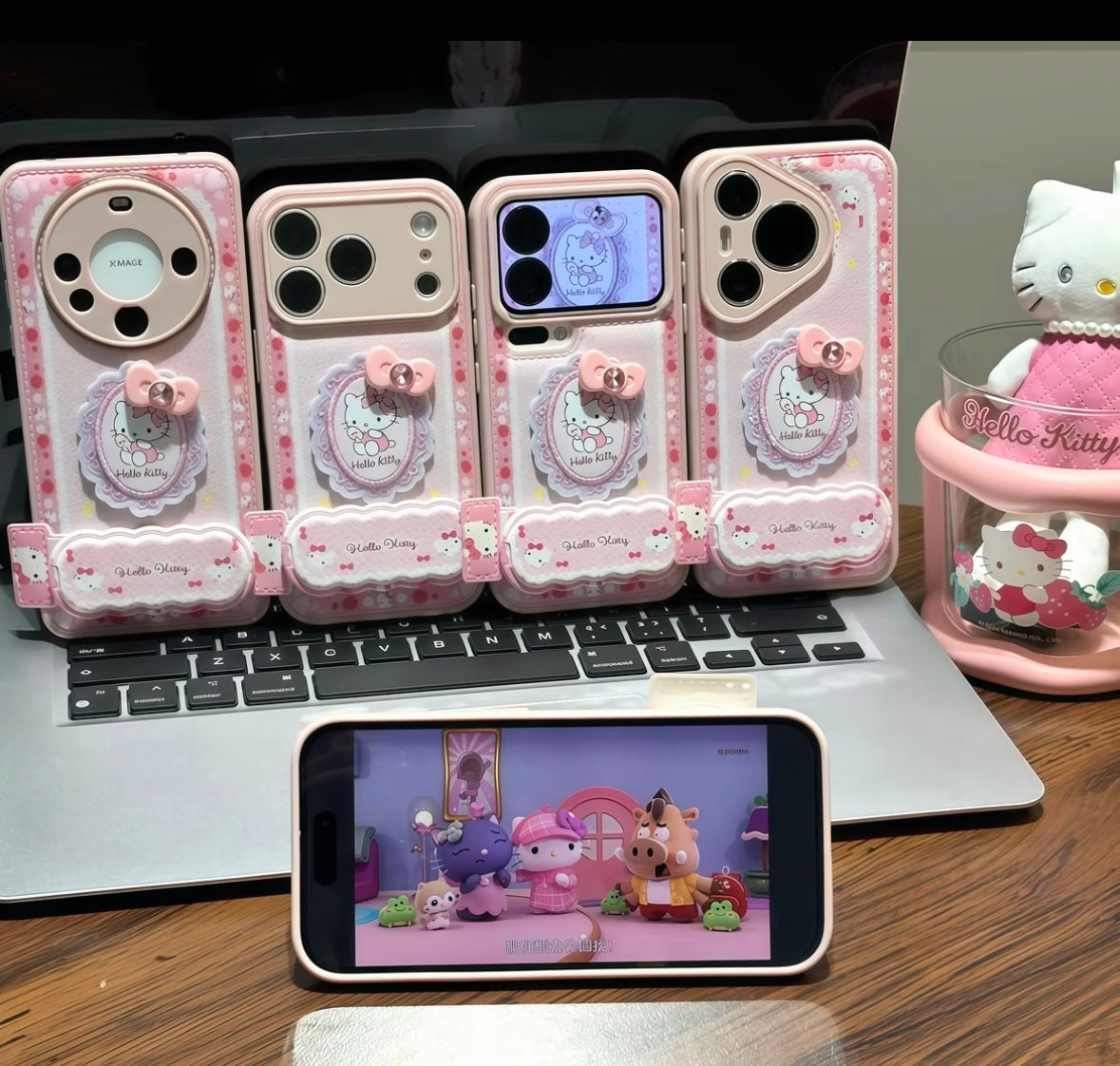 Phone case with lace bow embroidery, Hello Kitty design, and mirror stand.