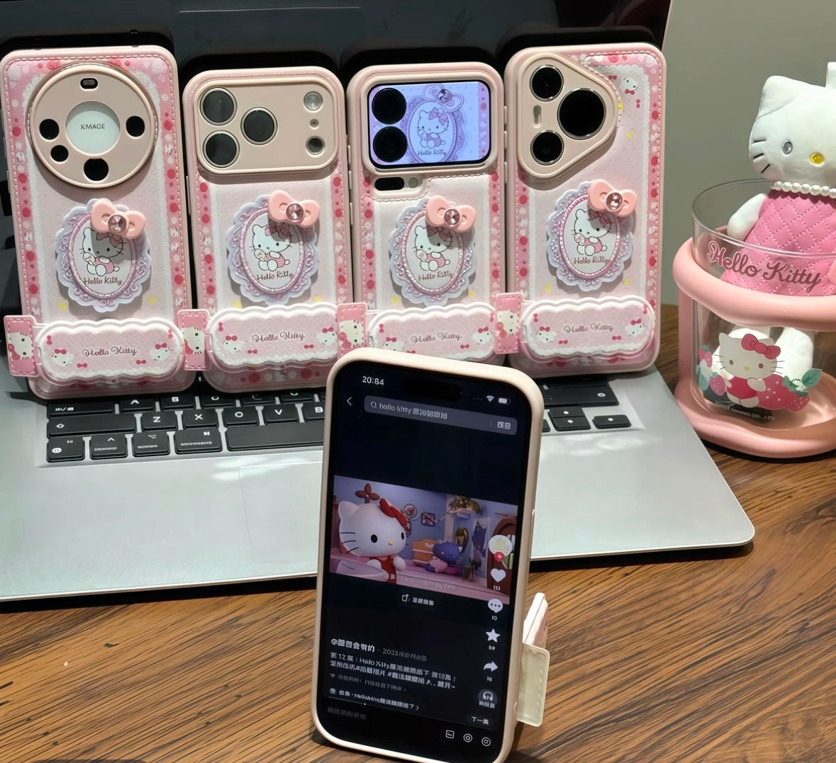 Phone case with lace bow embroidery, Hello Kitty design, and mirror stand.