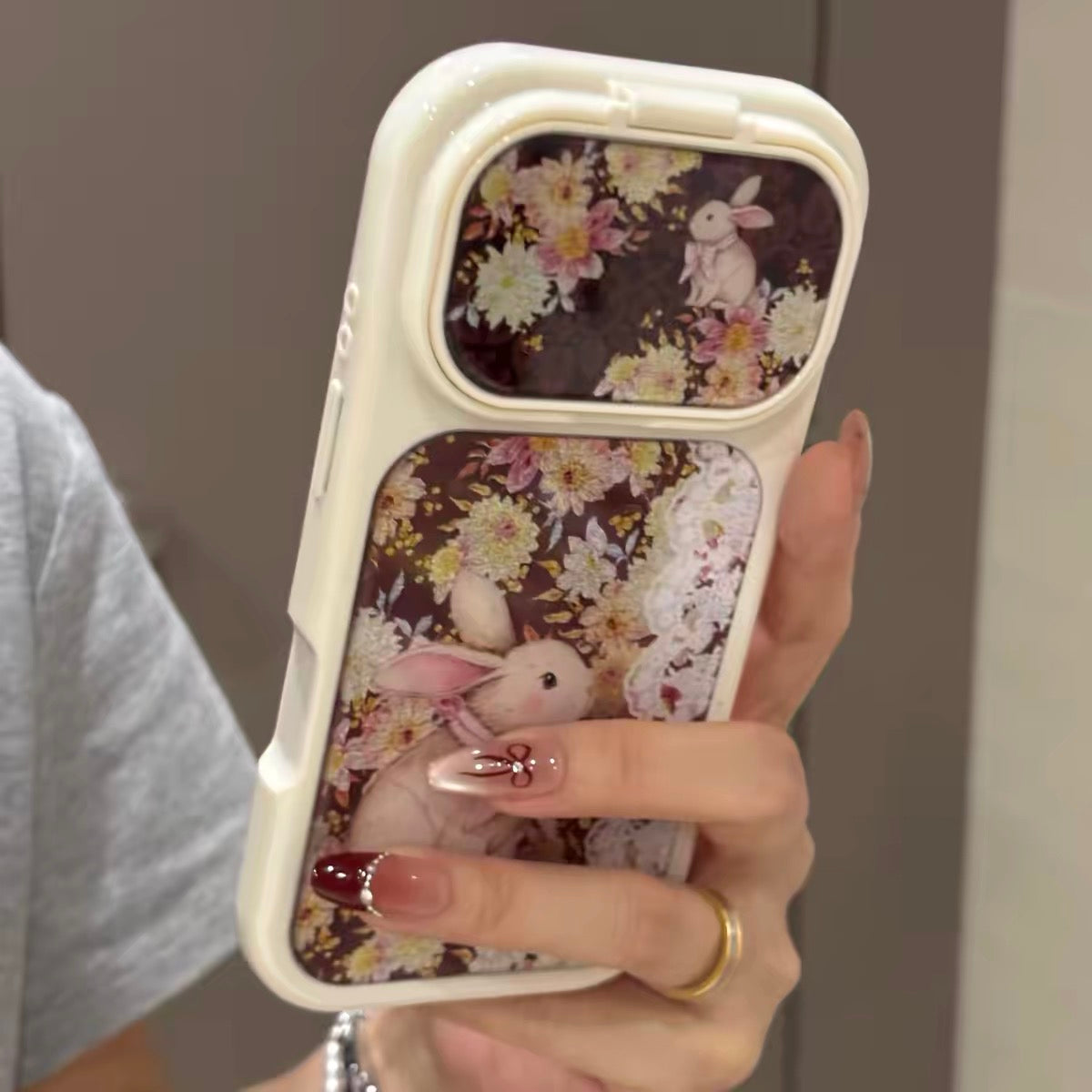 Vintage Floral & Gilded Bunny Phone Case with Flip-Mirror (Trendy/Instagram Style)