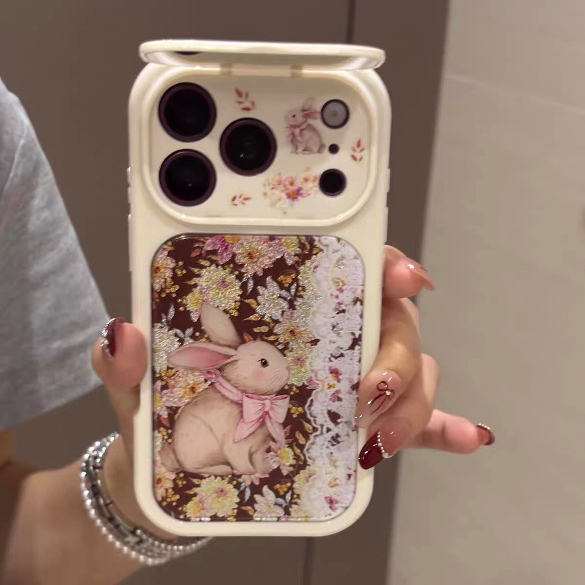 Vintage Floral & Gilded Bunny Phone Case with Flip-Mirror (Trendy/Instagram Style)