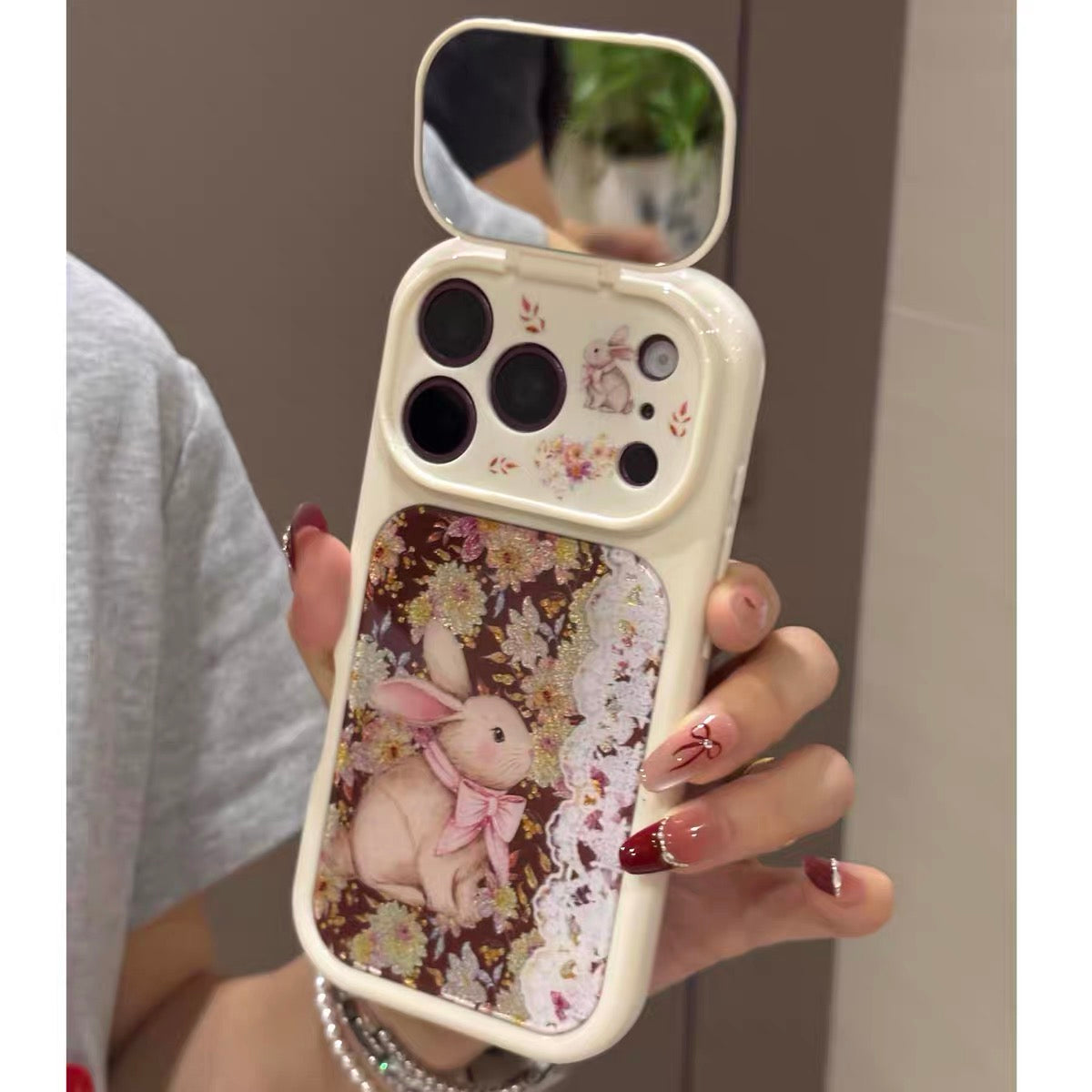 Vintage Floral & Gilded Bunny Phone Case with Flip-Mirror (Trendy/Instagram Style)