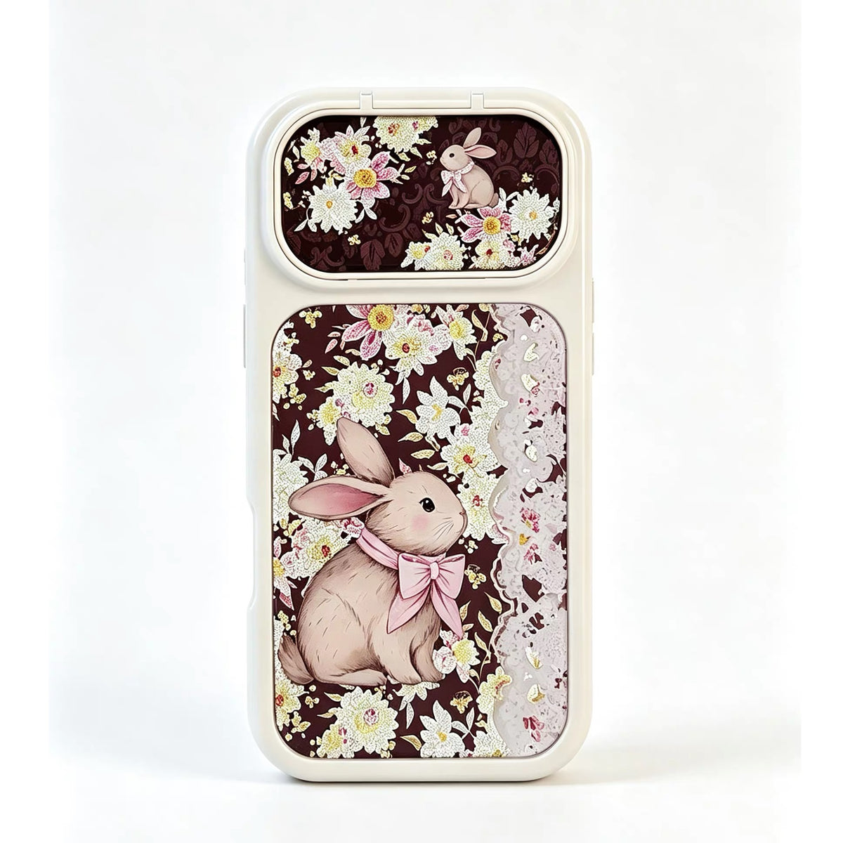 Vintage Floral & Gilded Bunny Phone Case with Flip-Mirror (Trendy/Instagram Style)