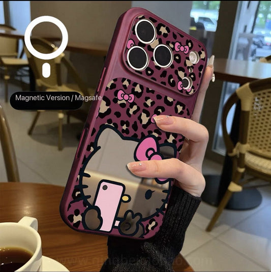 Leopard-print Hello Kitty magnetic mirror phone case