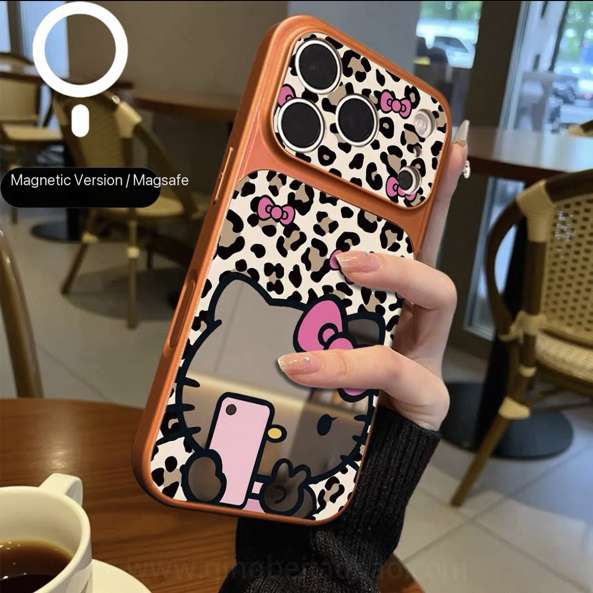 Leopard-print Hello Kitty magnetic mirror phone case