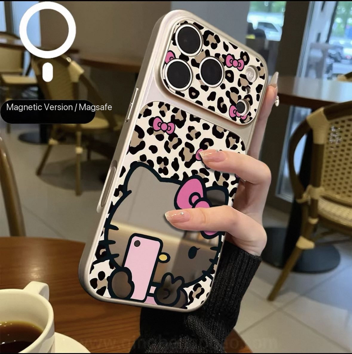 Leopard-print Hello Kitty magnetic mirror phone case