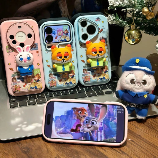 Rabbit and Fox Couple Plushie Phone Case with Mirror Stand