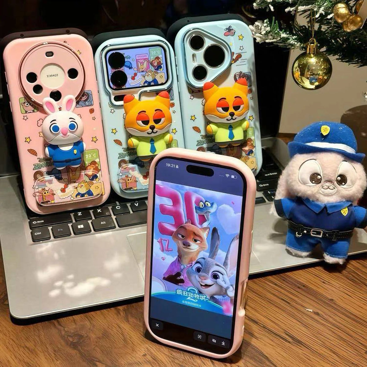 Rabbit and Fox Couple Plushie Phone Case with Mirror Stand