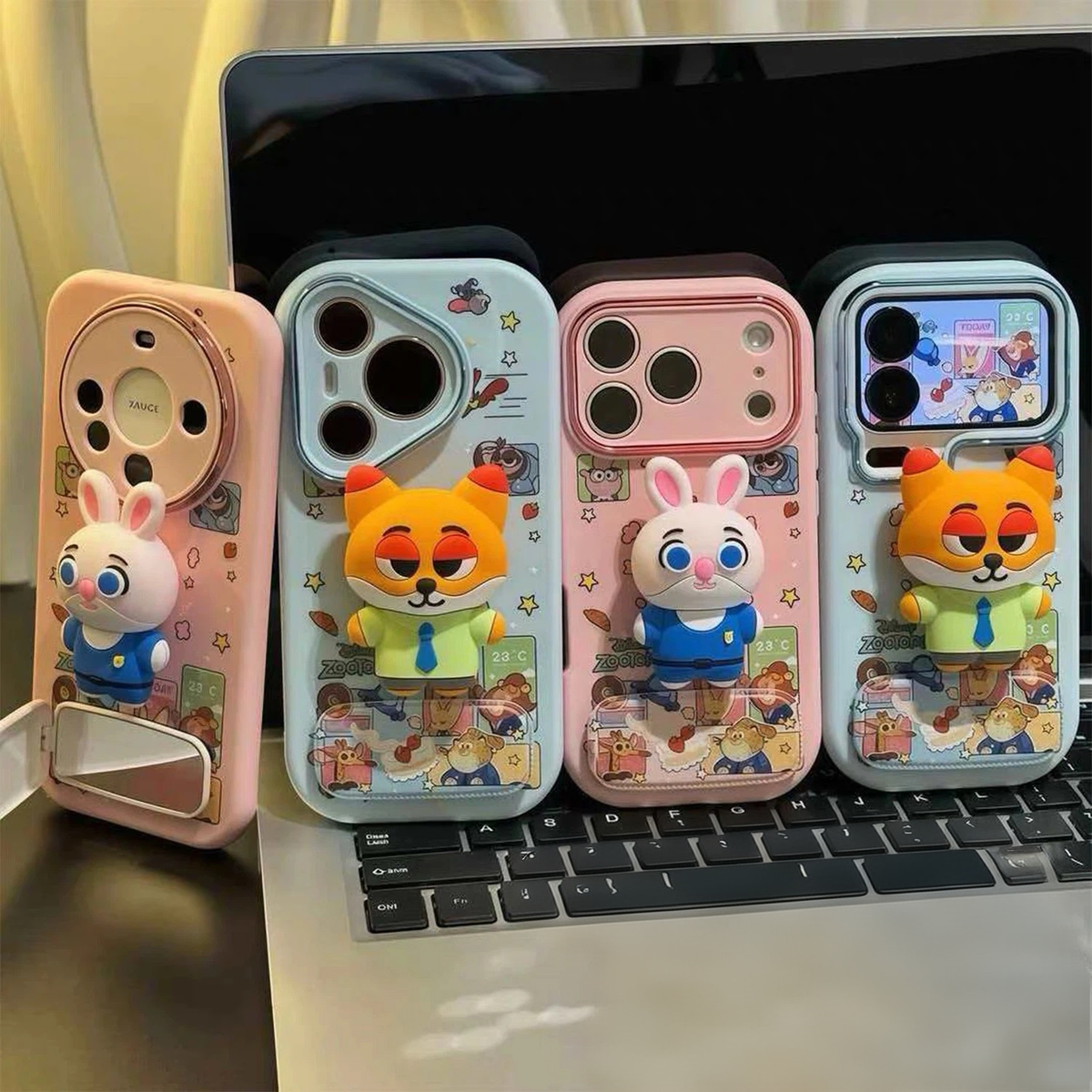 Rabbit and Fox Couple Plushie Phone Case with Mirror Stand