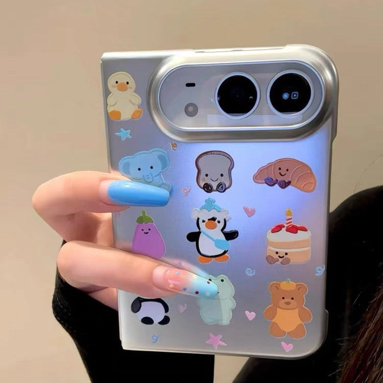Cute cartoon electroplated silver all-over Jellycat animal print case for iPhone Duo foldable phones.
