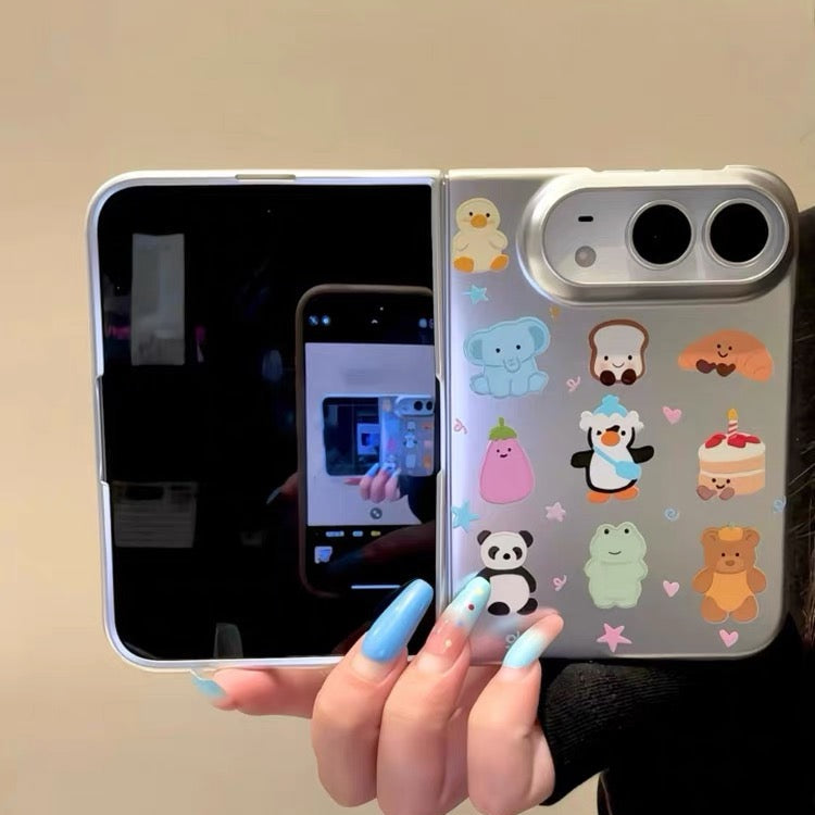 Cute cartoon electroplated silver all-over Jellycat animal print case for iPhone Duo foldable phones.
