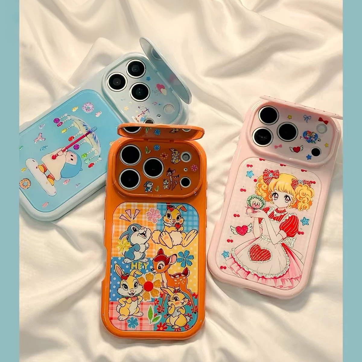 Gilded Flip-Mirror Phone Case – Cartoon Yoyo Girl & Rabbit