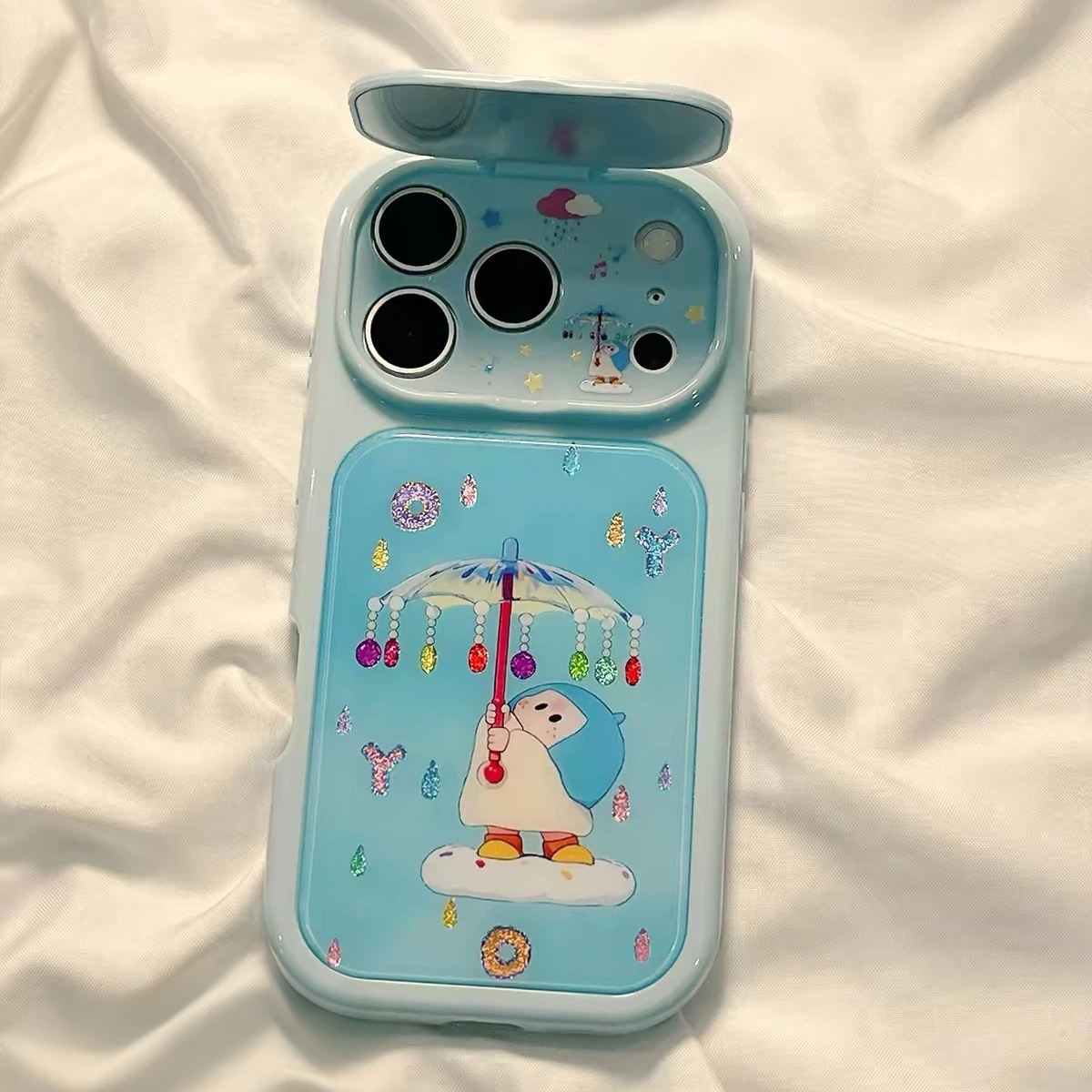 Gilded Flip-Mirror Phone Case – Cartoon Yoyo Girl & Rabbit
