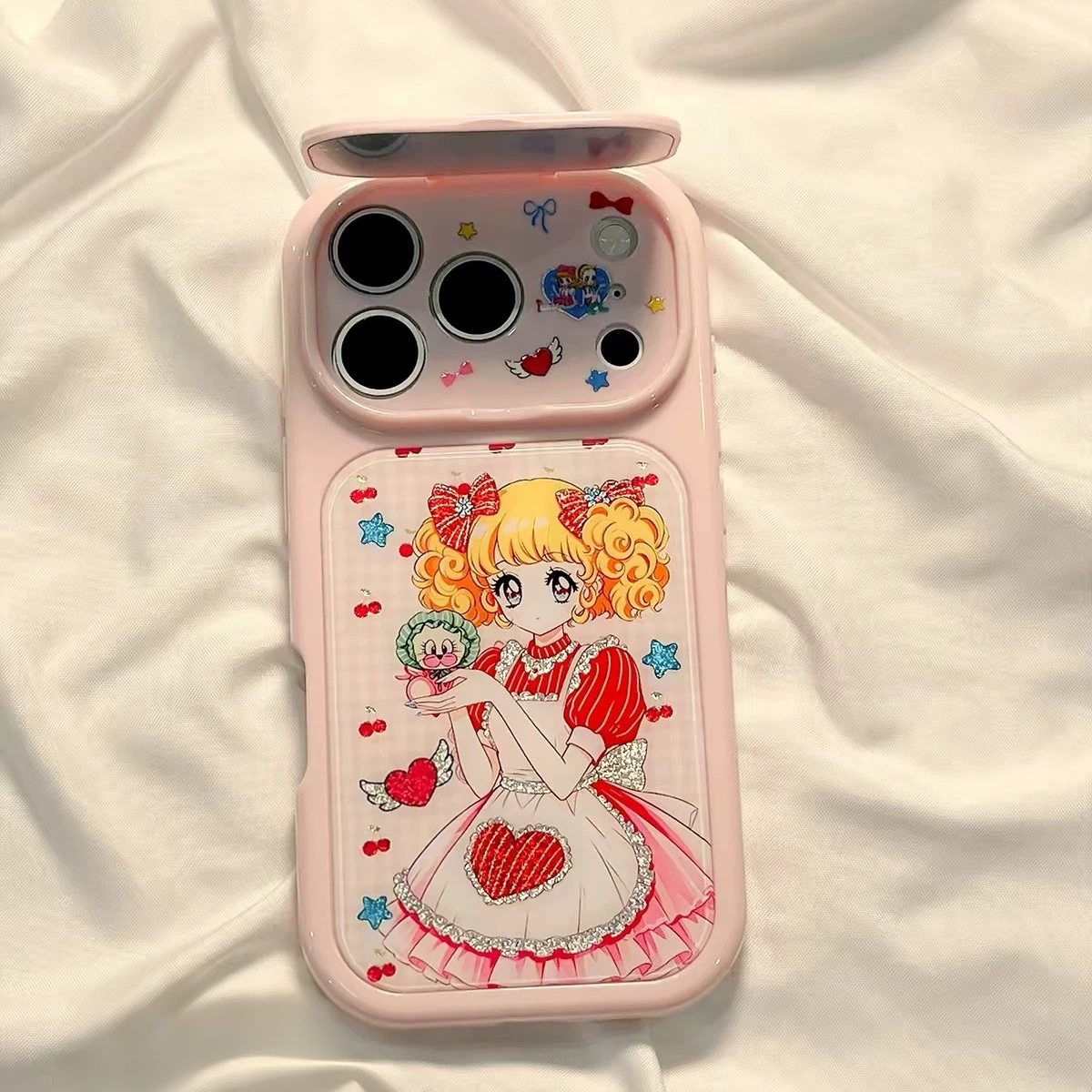 Gilded Flip-Mirror Phone Case – Cartoon Yoyo Girl & Rabbit