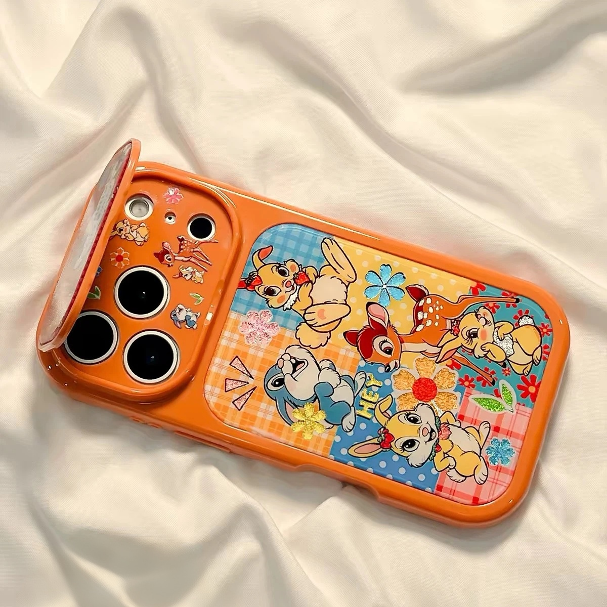 Gilded Flip-Mirror Phone Case – Cartoon Yoyo Girl & Rabbit