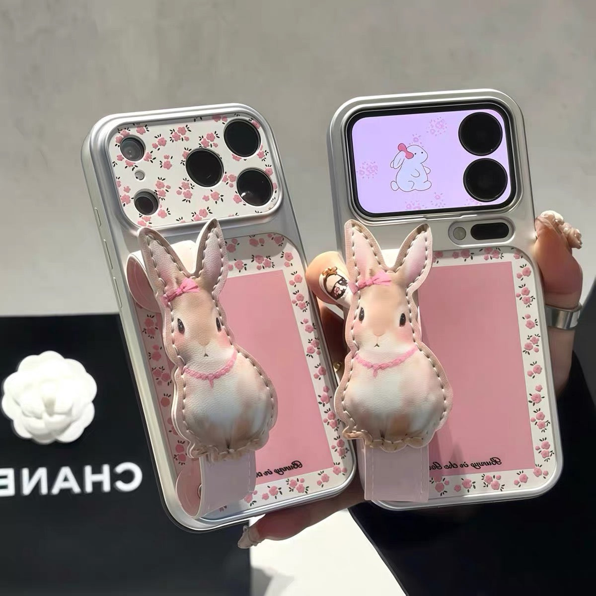 Korean-style floral bunny wrist-strap kickstand phone case