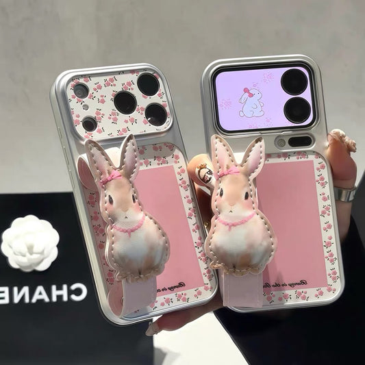Korean-style floral bunny wrist-strap kickstand phone case