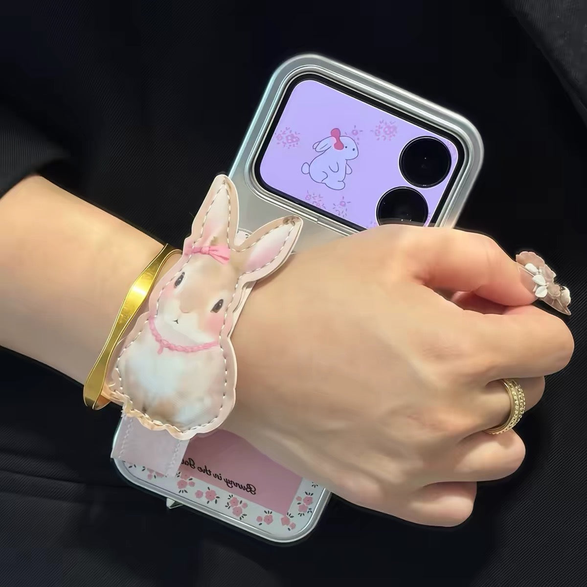 Korean-style floral bunny wrist-strap kickstand phone case