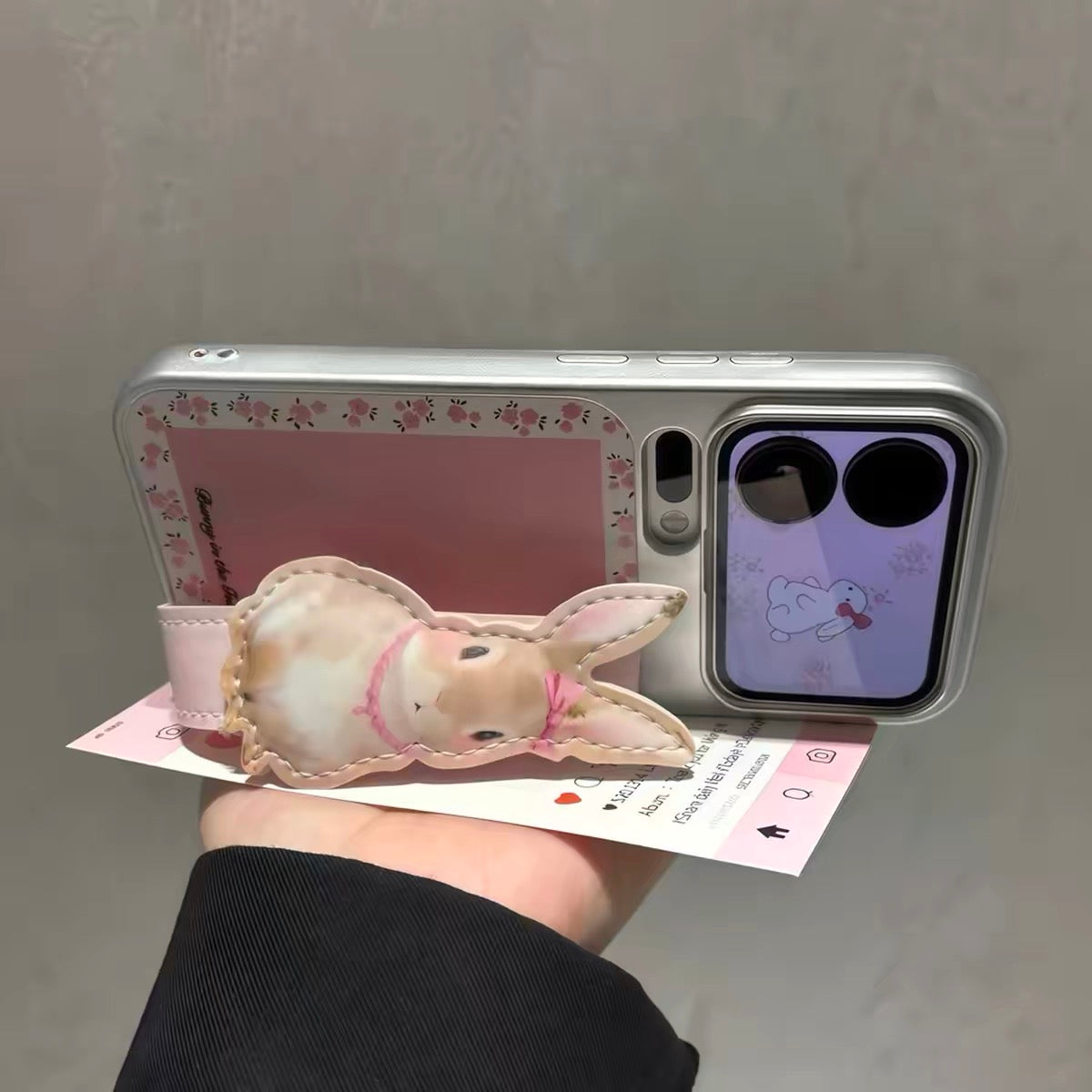 Korean-style floral bunny wrist-strap kickstand phone case