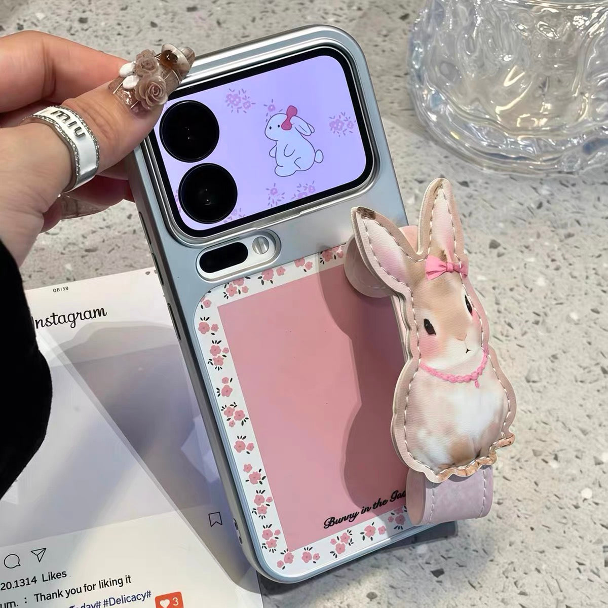 Korean-style floral bunny wrist-strap kickstand phone case